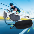 Silver frame sunglasses and black case on a dynamic sports background